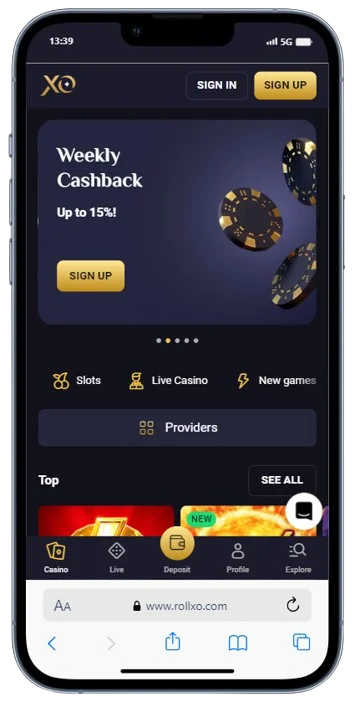 Lobby casino page at RollXO app