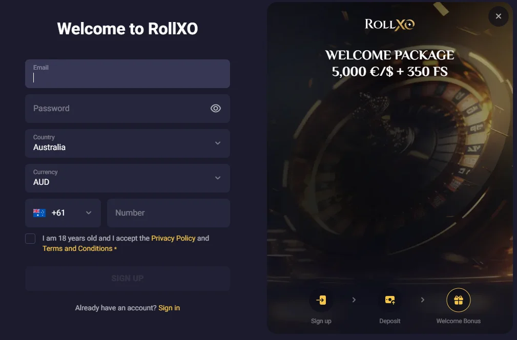 RollXO Casino Registration Fields