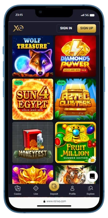 Popular slots on the RollXO mobile app